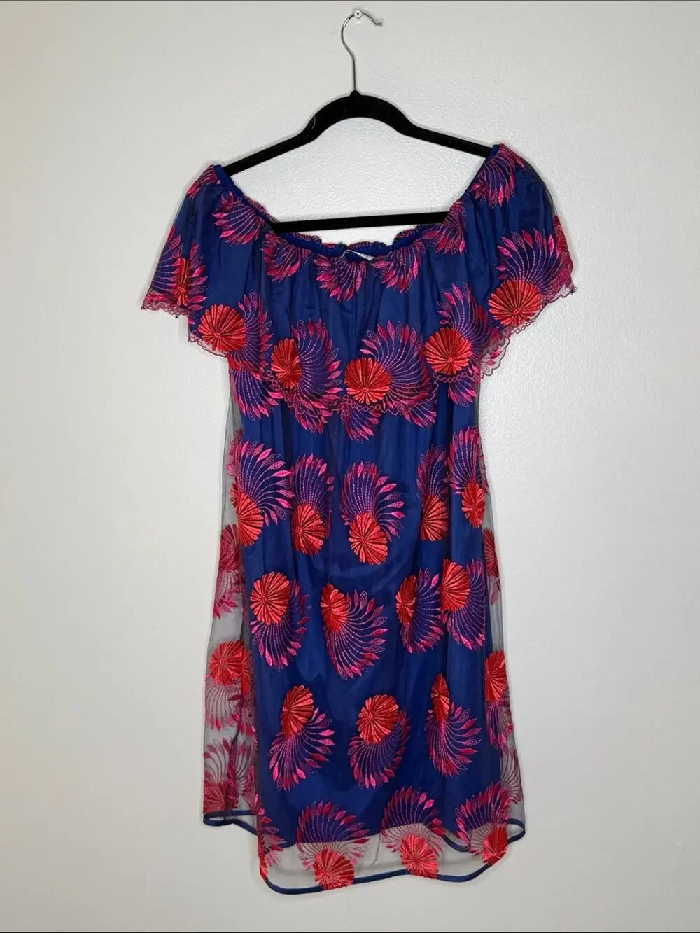 Trina Turk Navy Dress with Bright Pink Embroidered Fans Size M/L